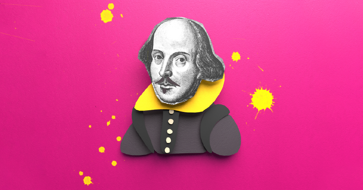 Collage of William Shakespeare set against a pink background. Yellow paint splats.